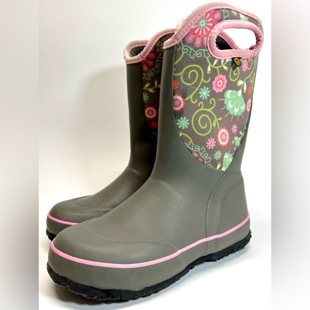 Bogs Kids Winter Boots Floral Waterproof Insulated Gray Pink Size 2